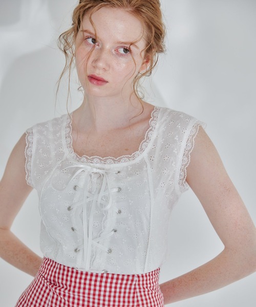 REDYAZEL（レディアゼル）の「フロントレースアップブラウス（シャツ/ブラウス・レディース・オフホワイト/ピンク・FREE）」の2枚目の写真