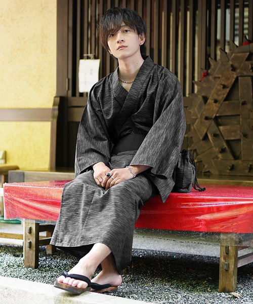 MinoriTY（マイノリティ）の「【MinoriTY】涼風メランジ浴衣5点セット 浴衣 帯 扇子 巾着 下駄（浴衣・メンズ・ブラック/グレー/カーキ/ブラック系1/グレー系1/ブルー系1・S/M/L）」の7枚目の写真