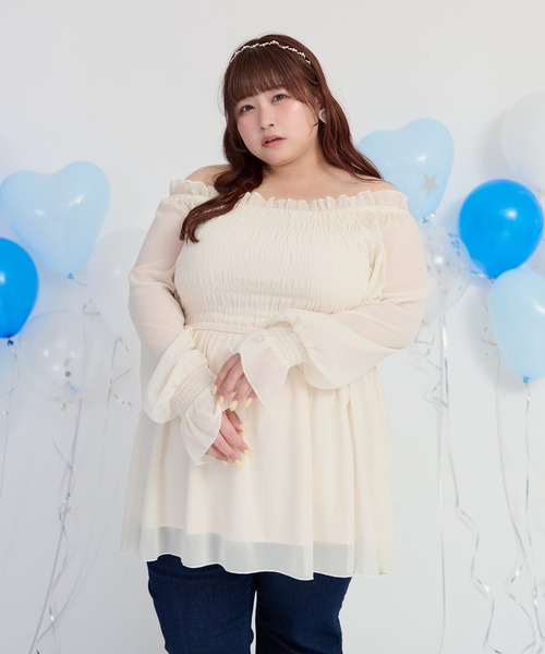 Louiosy(ルオシー)の「【大きいサイズ】2Wayシャーリングシフォンブラウス(シャツ/ブラウス・レディース・アイボリー/ライトブルー/ブラック・4L/3L)」の2枚目の写真