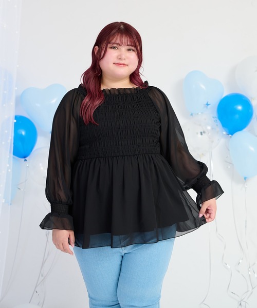 フェザー風 フリンジ シフォン 長袖シャツ ゆったり☆２色 セール】【大きいサイズ】2Wayシャーリングシフォンブラウス