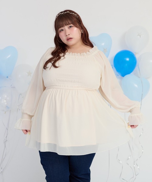 Louiosy(ルオシー)の「【大きいサイズ】2Wayシャーリングシフォンブラウス(シャツ/ブラウス・レディース・アイボリー/ライトブルー/ブラック・4L/3L)」の6枚目の写真