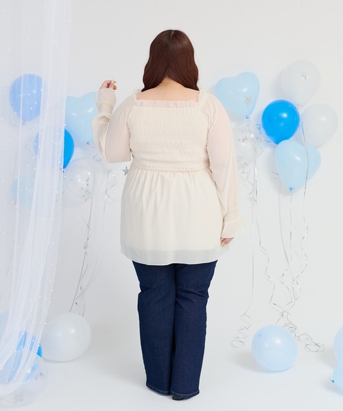 Louiosy(ルオシー)の「【大きいサイズ】2Wayシャーリングシフォンブラウス(シャツ/ブラウス・レディース・アイボリー/ライトブルー/ブラック・4L/3L)」の12枚目の写真