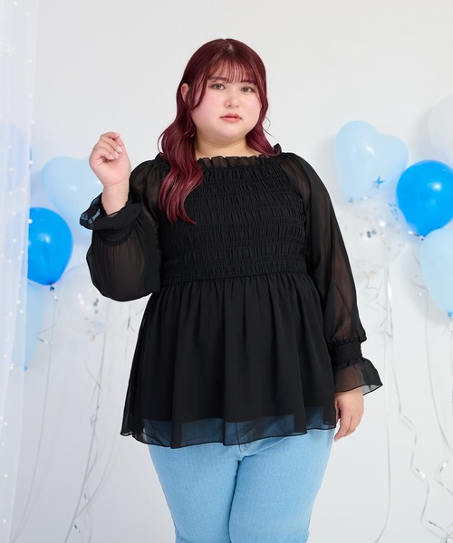 Louiosy(ルオシー)の「【大きいサイズ】2Wayシャーリングシフォンブラウス(シャツ/ブラウス・レディース・アイボリー/ライトブルー/ブラック・4L/3L)」の14枚目の写真