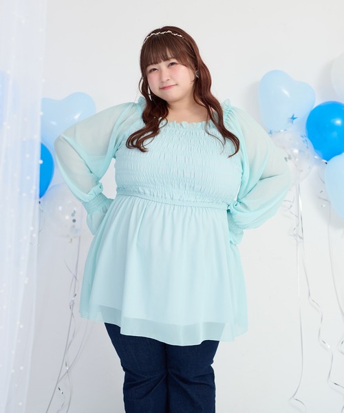 セール】【大きいサイズ】2Wayシャーリングシフォンブラウス