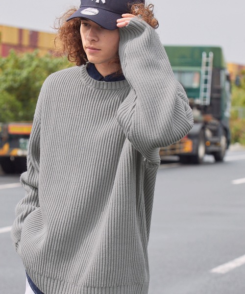 BARK MANHATTAN（バークマンハッタン）の「アンチピリング畦編みビッグシルエットクルーネックプルオーバーニット（ニット/セーター・メンズ・ワイン/ブラック/ダークグリーン/アイボリー/ネイビー/モカ/チャコール/ヘザーグレー・M/L）」の3枚目の写真