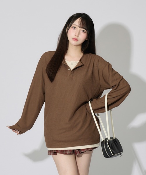 JilLA(ジルア)の「Henry Neck Long T-shirt / ヘンリーネックサーマルロングスリーブTシャツ レイヤードトップス(Tシャツ/カットソー・レディース・ブラック/グレー/ブラウン・L/M/XL)」の20枚目の写真