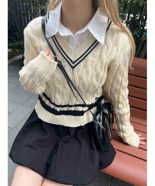 PHILLY（フィリー）の「【PHILLY】ラインケーブルニット（ニット/セーター・レディース・ブラック/アイボリー/グレー・FREE）」の2枚目の写真