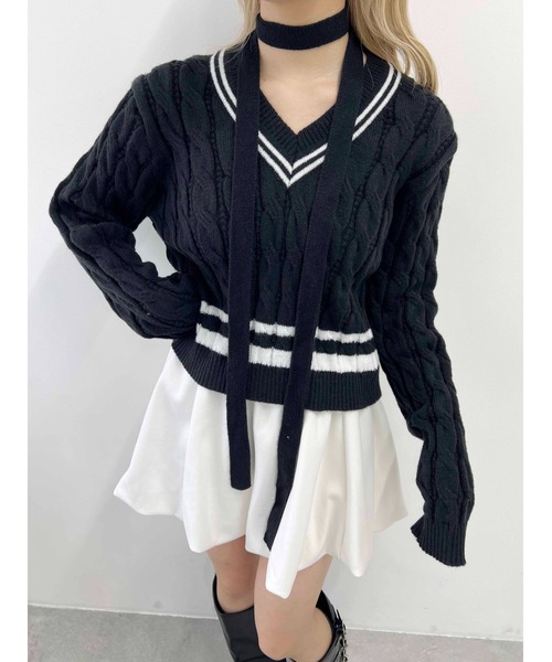 PHILLY（フィリー）の「【PHILLY】ラインケーブルニット（ニット/セーター・レディース・ブラック/アイボリー/グレー・FREE）」の3枚目の写真