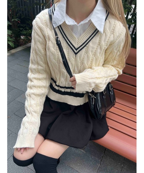 PHILLY（フィリー）の「【PHILLY】ラインケーブルニット（ニット/セーター・レディース・ブラック/アイボリー/グレー・FREE）」の4枚目の写真