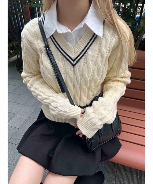 PHILLY（フィリー）の「【PHILLY】ラインケーブルニット（ニット/セーター・レディース・ブラック/アイボリー/グレー・FREE）」の5枚目の写真