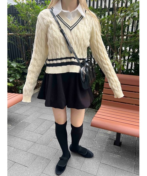 PHILLY（フィリー）の「【PHILLY】ラインケーブルニット（ニット/セーター・レディース・ブラック/アイボリー/グレー・FREE）」の9枚目の写真