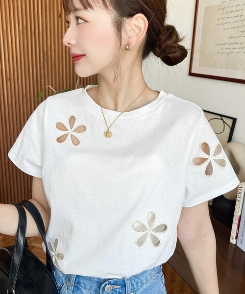セール】フラワー刺繍半袖Tシャツ（Tシャツ/カットソー