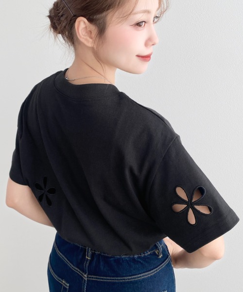 トランスワーク ﾌﾞﾗｯｸ 花柄刺繍 半袖Tｼｬﾂ×ｽｶｰﾄ 46 セール】限定展開 花柄 カットワーク 刺繍 ルーズ 半袖 Tシャツ（T
