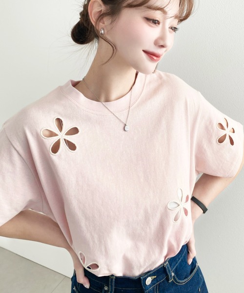セール】フラワー刺繍半袖Tシャツ（Tシャツ/カットソー）｜moment+