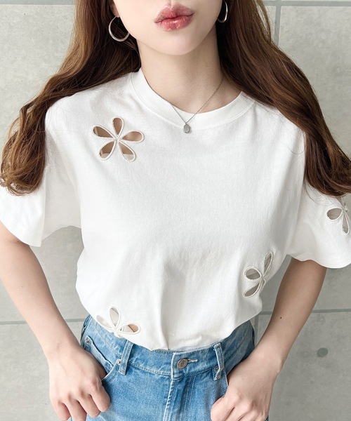セール】フラワー刺繍半袖Tシャツ（Tシャツ/カットソー）｜moment+