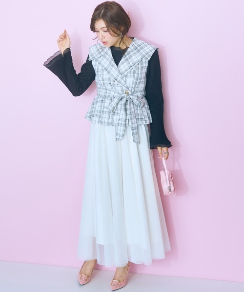 marun(マルン)の「<大きいサイズ>2点セット(チェックジャケット+チュールスカート)marun(スカート・レディース・ブラウン/ホワイト・L/LL/3L/4L/5L)」の1枚目の写真