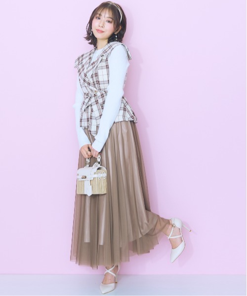 marun(マルン)の「<大きいサイズ>2点セット(チェックジャケット+チュールスカート)marun(スカート・レディース・ブラウン/ホワイト・L/LL/3L/4L/5L)」の3枚目の写真