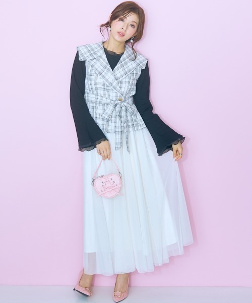 marun(マルン)の「<大きいサイズ>2点セット(チェックジャケット+チュールスカート)marun(スカート・レディース・ブラウン/ホワイト・L/LL/3L/4L/5L)」の7枚目の写真