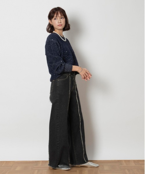 SOMETHING（サムシング）の「SOMETHING(サムシング)【レディース】「LISA」フリンジワイドパンツ（デニムパンツ・レディース・ブラック・XS/S/M/L）」の2枚目の写真