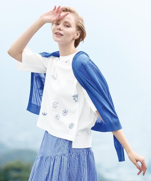 STUDIO PICONE(スタジオピッコーネ)の「ハーフスリーブ刺繍プルオーバー(Tシャツ/カットソー・レディース・ブラック/ライトブルー/ホワイト×ブラック/ホワイト×ブルー・M/L/LL)」の8枚目の写真