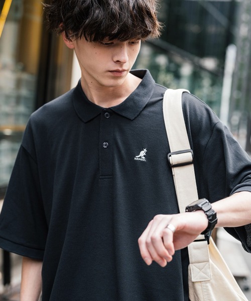 KANGOL（カンゴール）の「KANGOL カンゴール 別注コラボ 鹿の子クレリック/ラインリブ/ワンポイント刺繍オーバーサイズ半袖ポロシャツ（ポロシャツ・メンズ・ブラック×ホワイト/グリーン/ネイビー/ネイビー×ホワイト/ブラック×ブルー/チャコールグレー/ブラック/ホワイト×ブラック/ホワイト系・M/L/XL）」の6枚目の写真