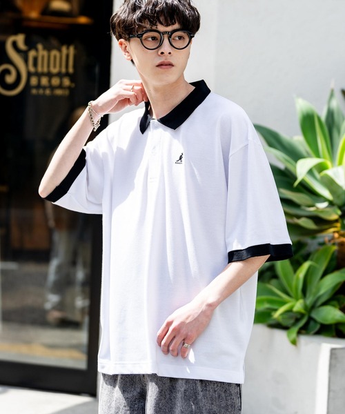 KANGOL（カンゴール）の「KANGOL カンゴール 別注コラボ 鹿の子クレリック/ラインリブ/ワンポイント刺繍オーバーサイズ半袖ポロシャツ（ポロシャツ・メンズ・ブラック×ホワイト/グリーン/ネイビー/ネイビー×ホワイト/ブラック×ブルー/チャコールグレー/ブラック/ホワイト×ブラック/ホワイト系・M/L/XL）」の10枚目の写真