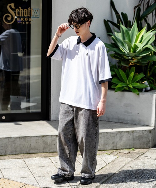 KANGOL（カンゴール）の「KANGOL カンゴール 別注コラボ 鹿の子クレリック/ラインリブ/ワンポイント刺繍オーバーサイズ半袖ポロシャツ（ポロシャツ・メンズ・ブラック×ホワイト/グリーン/ネイビー/ネイビー×ホワイト/ブラック×ブルー/チャコールグレー/ブラック/ホワイト×ブラック/ホワイト系・M/L/XL）」の11枚目の写真