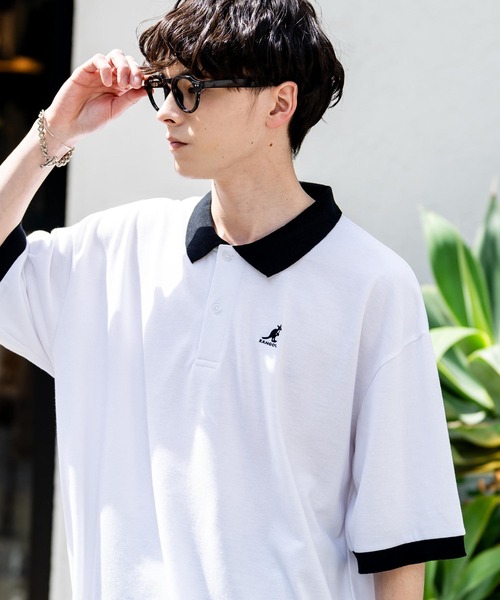 KANGOL（カンゴール）の「KANGOL カンゴール 別注コラボ 鹿の子クレリック/ラインリブ/ワンポイント刺繍オーバーサイズ半袖ポロシャツ（ポロシャツ・メンズ・ブラック×ホワイト/グリーン/ネイビー/ネイビー×ホワイト/ブラック×ブルー/チャコールグレー/ブラック/ホワイト×ブラック/ホワイト系・M/L/XL）」の12枚目の写真