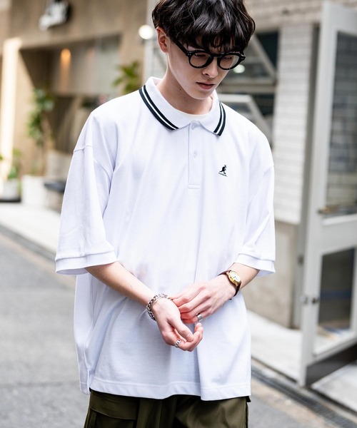 KANGOL（カンゴール）の「KANGOL カンゴール 別注コラボ 鹿の子クレリック/ラインリブ/ワンポイント刺繍オーバーサイズ半袖ポロシャツ（ポロシャツ・メンズ・ブラック×ホワイト/グリーン/ネイビー/ネイビー×ホワイト/ブラック×ブルー/チャコールグレー/ブラック/ホワイト×ブラック/ホワイト系・M/L/XL）」の13枚目の写真