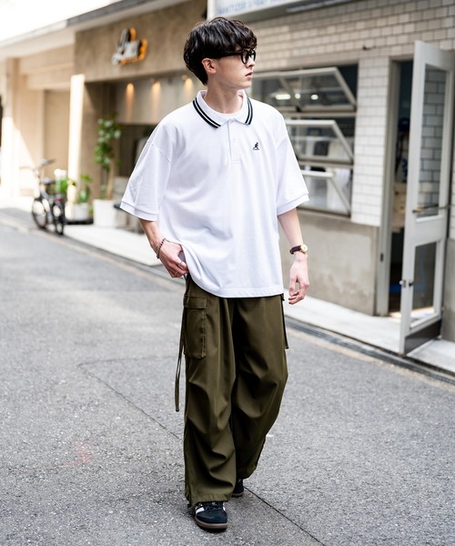 KANGOL（カンゴール）の「KANGOL カンゴール 別注コラボ 鹿の子クレリック/ラインリブ/ワンポイント刺繍オーバーサイズ半袖ポロシャツ（ポロシャツ・メンズ・ブラック×ホワイト/グリーン/ネイビー/ネイビー×ホワイト/ブラック×ブルー/チャコールグレー/ブラック/ホワイト×ブラック/ホワイト系・M/L/XL）」の14枚目の写真