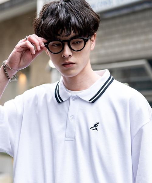 KANGOL（カンゴール）の「KANGOL カンゴール 別注コラボ 鹿の子クレリック/ラインリブ/ワンポイント刺繍オーバーサイズ半袖ポロシャツ（ポロシャツ・メンズ・ブラック×ホワイト/グリーン/ネイビー/ネイビー×ホワイト/ブラック×ブルー/チャコールグレー/ブラック/ホワイト×ブラック/ホワイト系・M/L/XL）」の15枚目の写真