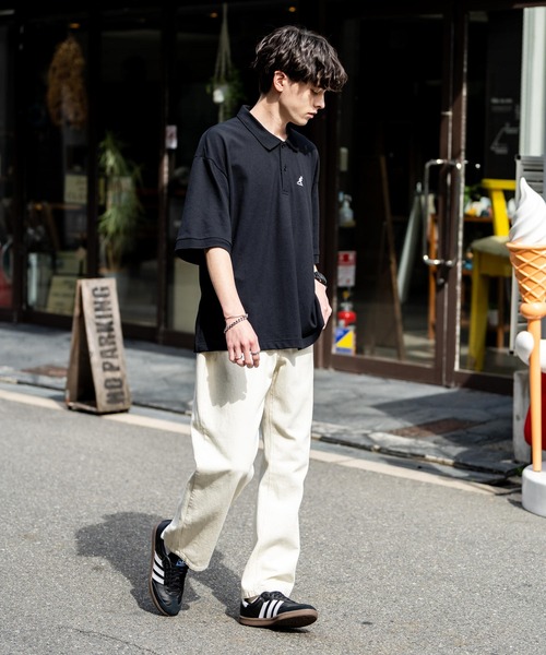 KANGOL（カンゴール）の「KANGOL カンゴール 別注コラボ 鹿の子クレリック/ラインリブ/ワンポイント刺繍オーバーサイズ半袖ポロシャツ（ポロシャツ・メンズ・ブラック×ホワイト/グリーン/ネイビー/ネイビー×ホワイト/ブラック×ブルー/チャコールグレー/ブラック/ホワイト×ブラック/ホワイト系・M/L/XL）」の19枚目の写真