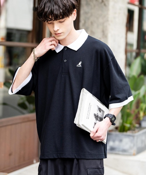 KANGOL（カンゴール）の「KANGOL カンゴール 別注コラボ 鹿の子クレリック/ラインリブ/ワンポイント刺繍オーバーサイズ半袖ポロシャツ（ポロシャツ・メンズ・ブラック×ホワイト/グリーン/ネイビー/ネイビー×ホワイト/ブラック×ブルー/チャコールグレー/ブラック/ホワイト×ブラック/ホワイト系・M/L/XL）」の20枚目の写真