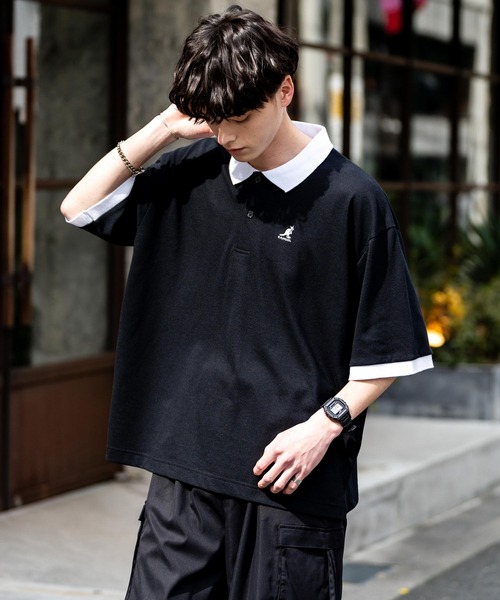 KANGOL（カンゴール）の「KANGOL カンゴール 別注コラボ 鹿の子クレリック/ラインリブ/ワンポイント刺繍オーバーサイズ半袖ポロシャツ（ポロシャツ・メンズ・ブラック×ホワイト/グリーン/ネイビー/ネイビー×ホワイト/ブラック×ブルー/チャコールグレー/ブラック/ホワイト×ブラック/ホワイト系・M/L/XL）」の22枚目の写真
