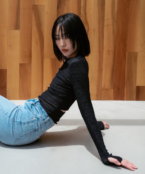セール】wrinkle shirring sheer tops（Tシャツ/カットソー