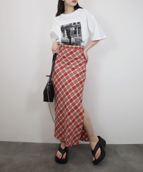 チェックナロースカート/check narrow skirt チェック柄 ブラック