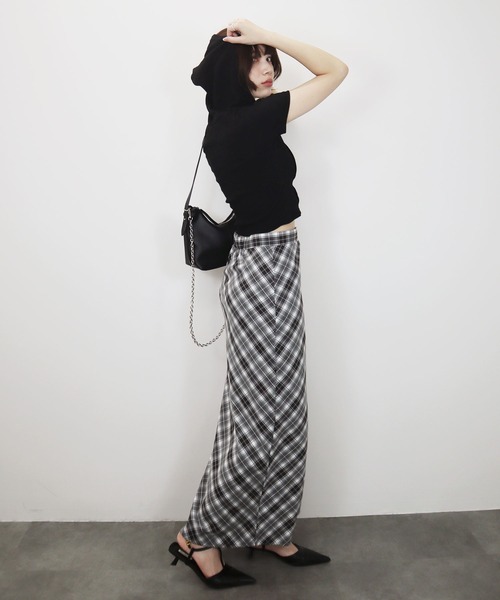 チェックナロースカート/check narrow skirt チェック柄 ブラック