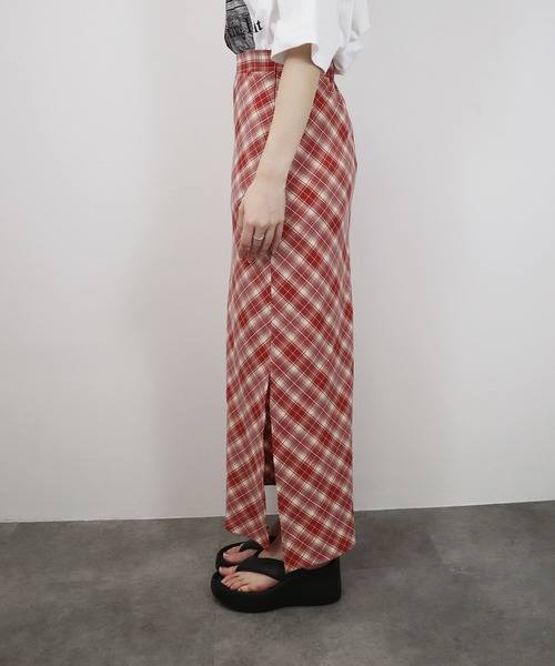 チェックナロースカート/check narrow skirt チェック柄 ブラック