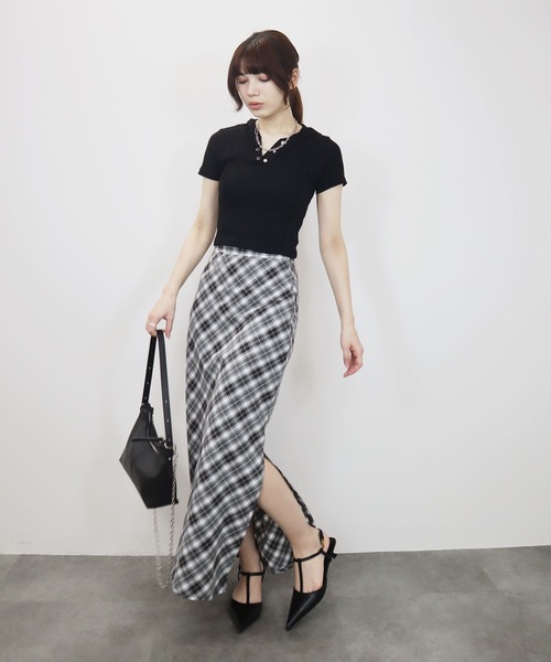 チェックナロースカート/check narrow skirt チェック柄 ブラック