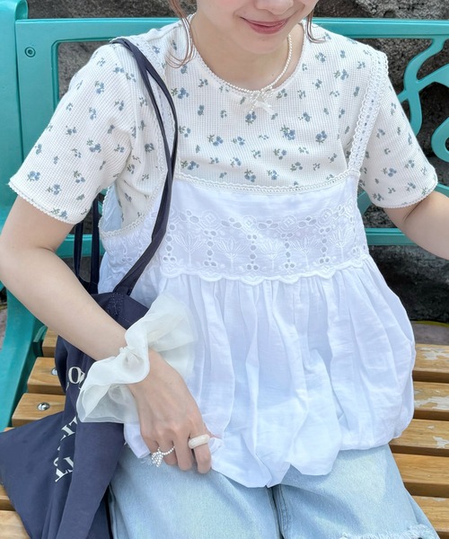 INTER FACTORY(インターファクトリー)の「ちょこび - 花柄ワッフルT made in INTER FACTORY(Tシャツ/カットソー・レディース・アイボリー/サックスブルー・FREE)」の16枚目の写真