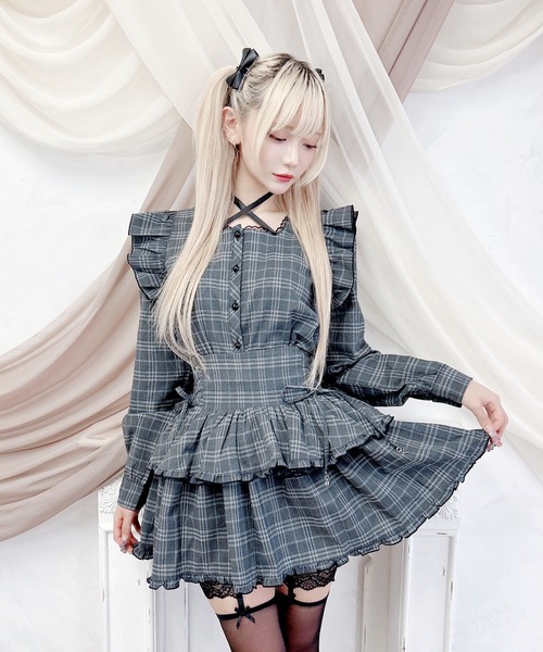 グレー リボン付きブラウス パンツセットアップ ドレスプラス DRESS+ セットアップ スーツ ウォッシャブル
