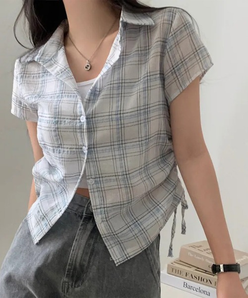 Lace Ladies(レースレディース)の「チェック柄 サイドシャーリング レギュラーカラー 半袖 シャツ(シャツ/ブラウス・レディース・ネイビー/アイボリー・FREE)」の15枚目の写真