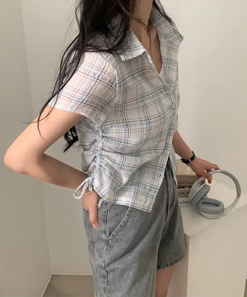 Lace Ladies(レースレディース)の「チェック柄 サイドシャーリング レギュラーカラー 半袖 シャツ(シャツ/ブラウス・レディース・ネイビー/アイボリー・FREE)」の14枚目の写真