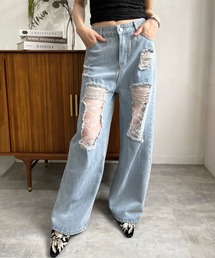 Jewelobe | レースカバードダメージワイドデニムパンツ(デニムパンツ)