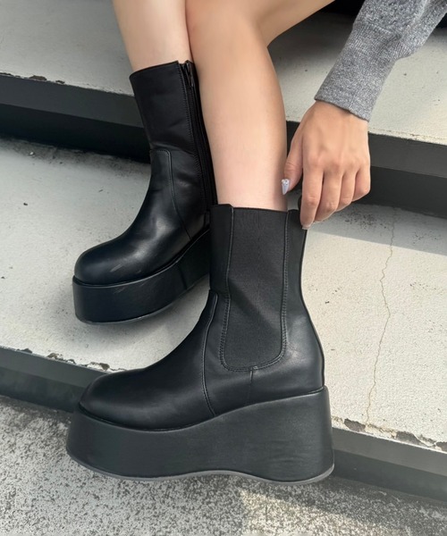 マイナス3キロ見え】サイドゴアボリュームソールショートブーツ