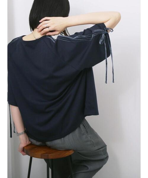 Samansa Mos2 blue(サマンサモスモスブルー)の「◎【接触冷感】ベロアラインリボンTシャツ(Tシャツ/カットソー・レディース・トップグレー/チャコールグレー/ネイビー・F)」の3枚目の写真