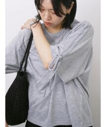 Samansa Mos2 blue | ◎【接触冷感】ベロアラインリボンTシャツ(Tシャツ/カットソー)
