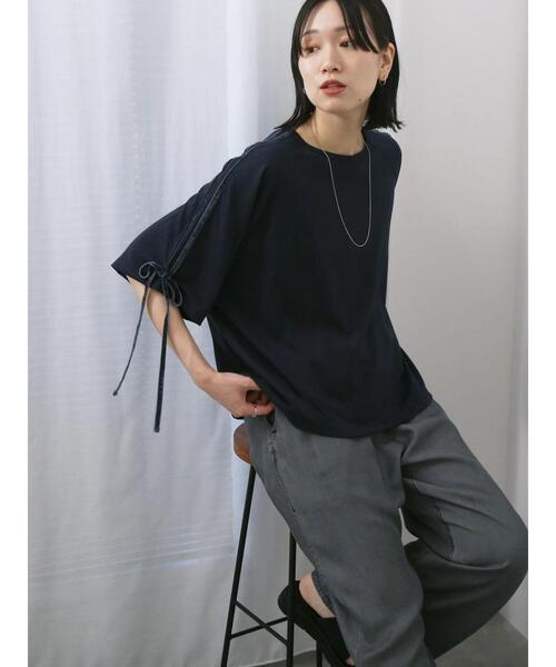 Samansa Mos2 blue(サマンサモスモスブルー)の「◎【接触冷感】ベロアラインリボンTシャツ(Tシャツ/カットソー・レディース・トップグレー/チャコールグレー/ネイビー・F)」の14枚目の写真