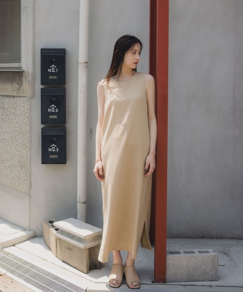 slattgir(スラットジール)の「高身長 リネンライクノースリーブワンピース(セットアップ対応)(トールサイズ)Essenave(ワンピース・レディース・ベージュ/ネイビー・TM/TL/TLL/T3L/T4L/T5L)」の12枚目の写真