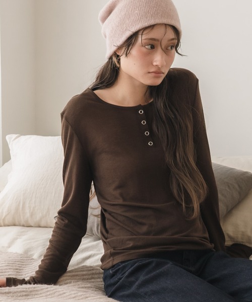 セール】【新色追加】シアーリブヘンリーネックカットソー/長袖 シアー